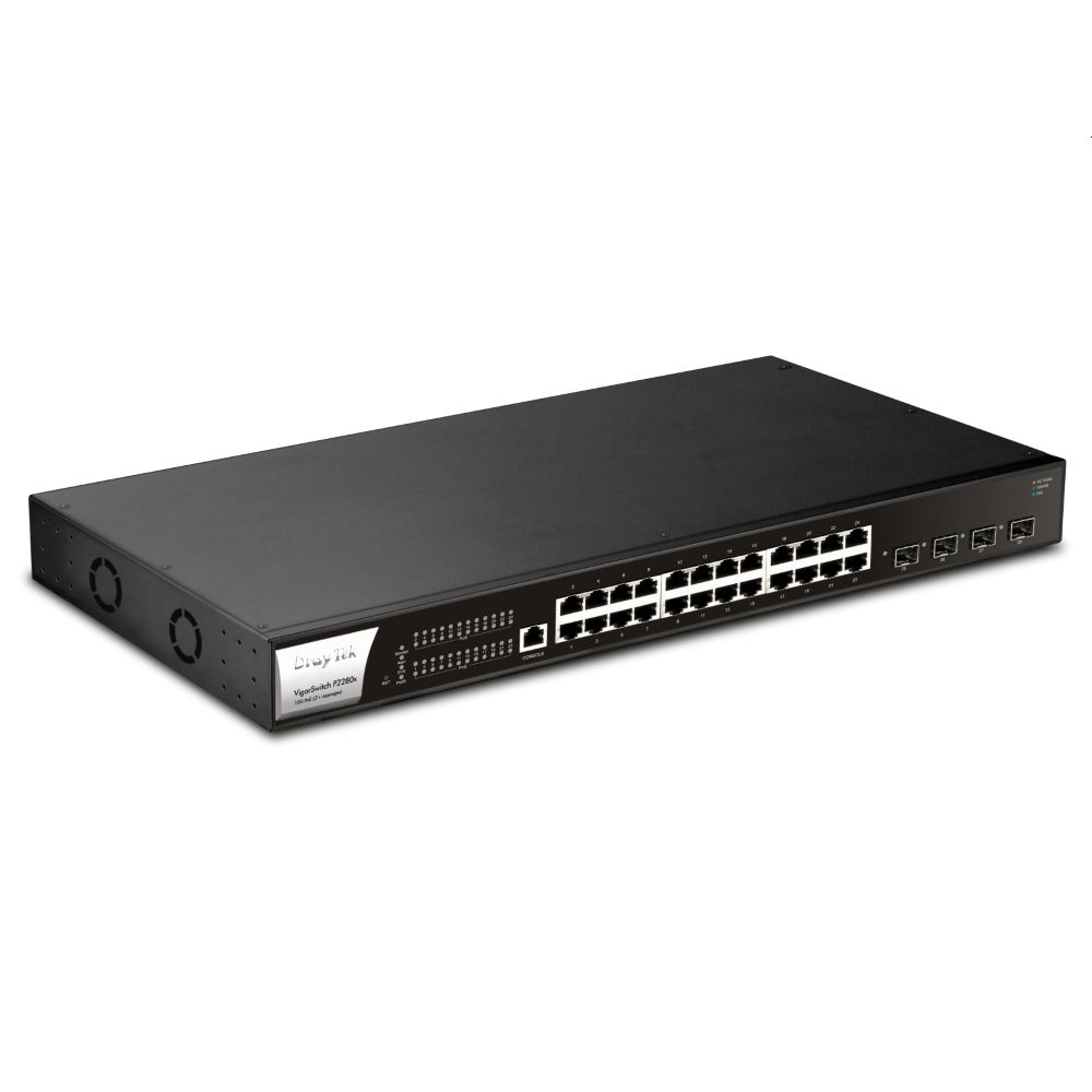 VigorSwitch P2280 24 100/1000Mbps PoE 4 SFP+ (10 Gigabit) poorten, Layer 2+ managed sw