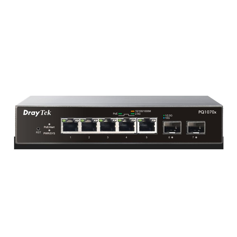 VigorSwitch Q1070x 5 POE poorten 2,5 Gigabit 2 SFP+ (10 Gigabit) poorten, 60W totaal power